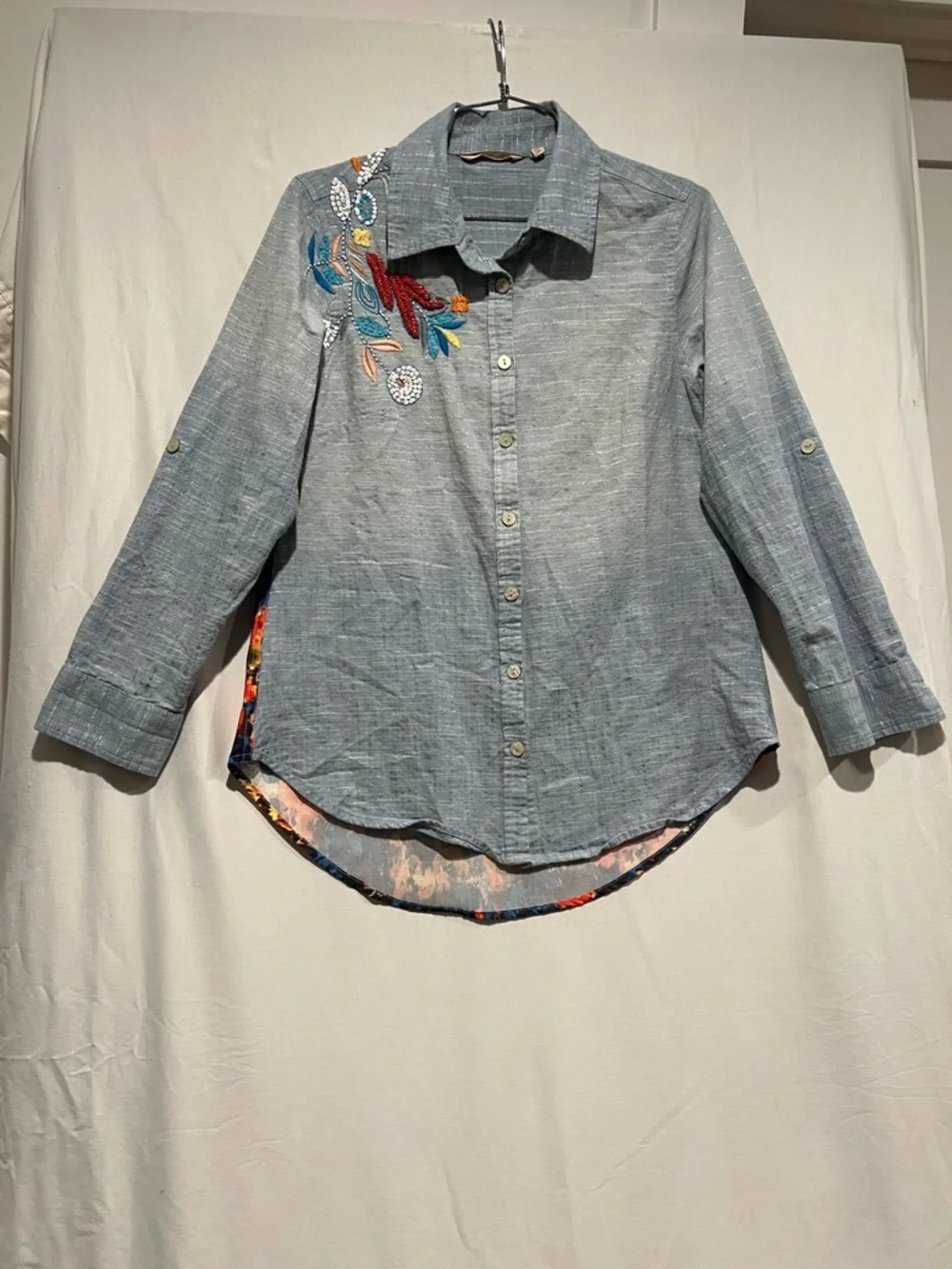 Soft Surroundings Embellished Santorini Print Shirt Cotton XSP Beaded - Picture 2 of 11